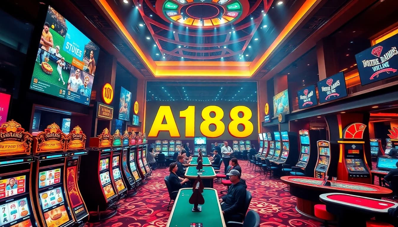 A188 online casino platform showcasing vibrant slot machines and live dealers in an engaging gaming atmosphere.