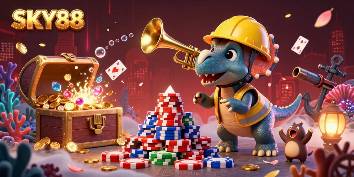 Experience the joy of winnings at SKY88 with a vibrant casino scene showcasing lively characters and rich gaming elements.