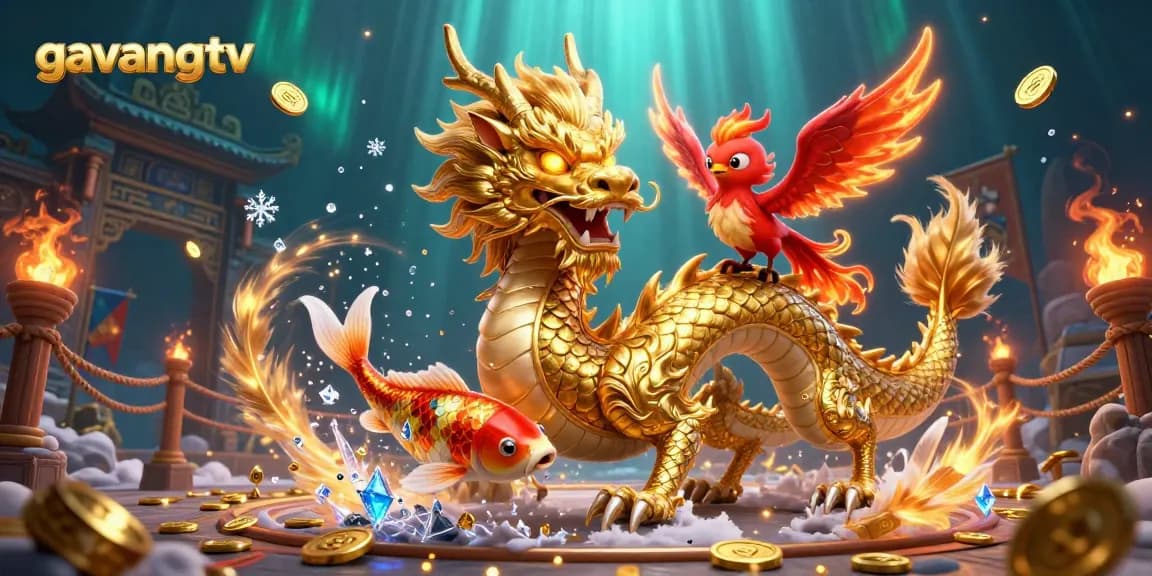 Experience thrilling gameplay with gavangtv's vibrant casino scene featuring mythical creatures and gold coins.