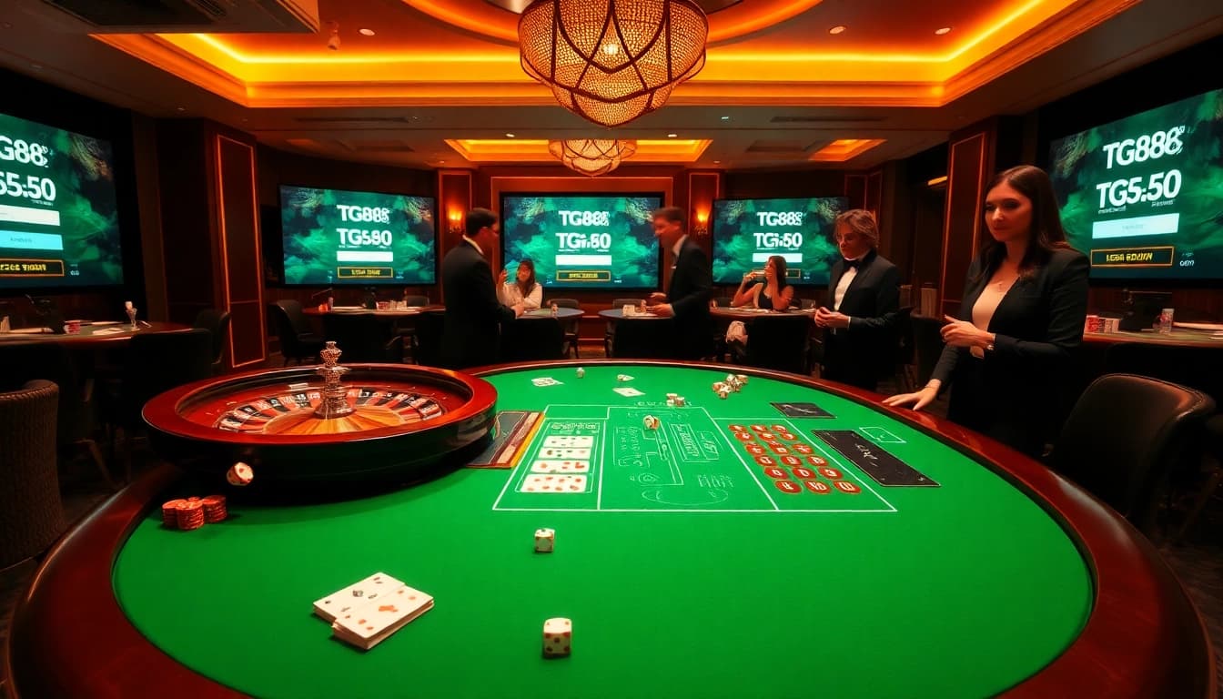 Players enjoying a thrilling casino experience featuring TG88 gaming tables and chips.