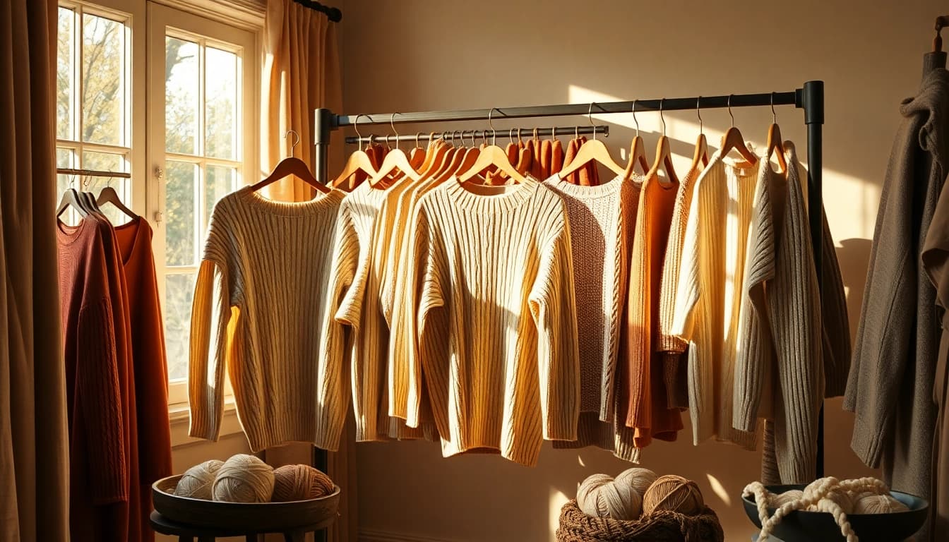 Showcase of High Quality Clothing Manufacturer with elegant knitwear sweaters in a boutique setting.