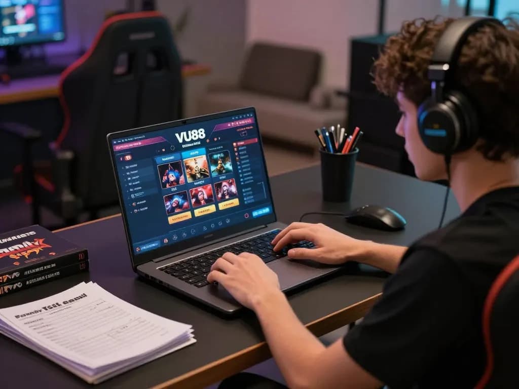 Player engaging with VU88 online casino interface, showcasing strategic gameplay setup for responsible entertainment.