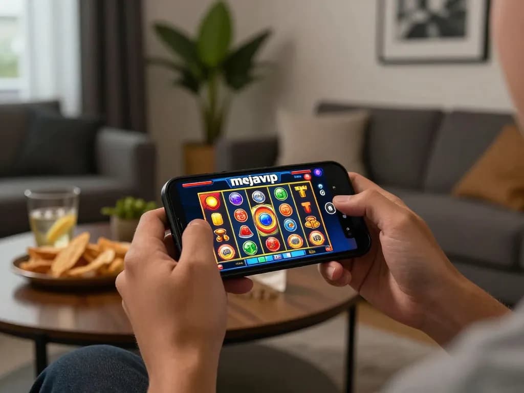 Berpartisipasi dalam permainan mejavip slot online di smartphone di ruang tamu yang nyaman.