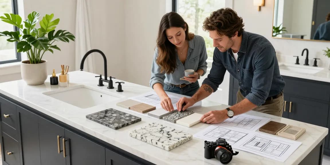 Custom bathroom countertops Hamilton: designer assisting clients with quartz and granite samples in a bright, elegant bathroom.