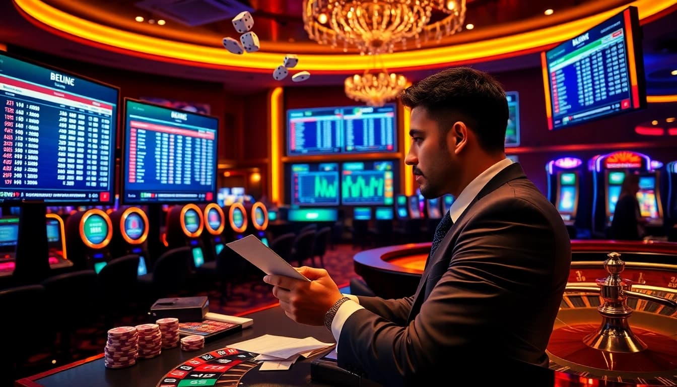 Gambler analyzing betting odds with professional tools on https://nhandinhkeonhacai.news/ at a luxurious casino.