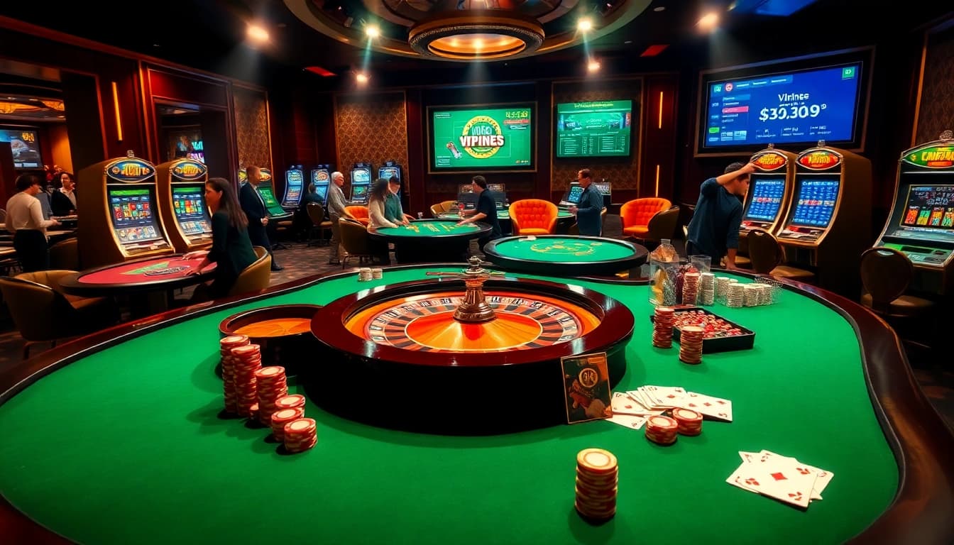 Engage in thrilling gameplay at VN789, showcasing vibrant casino elements like roulette and poker.