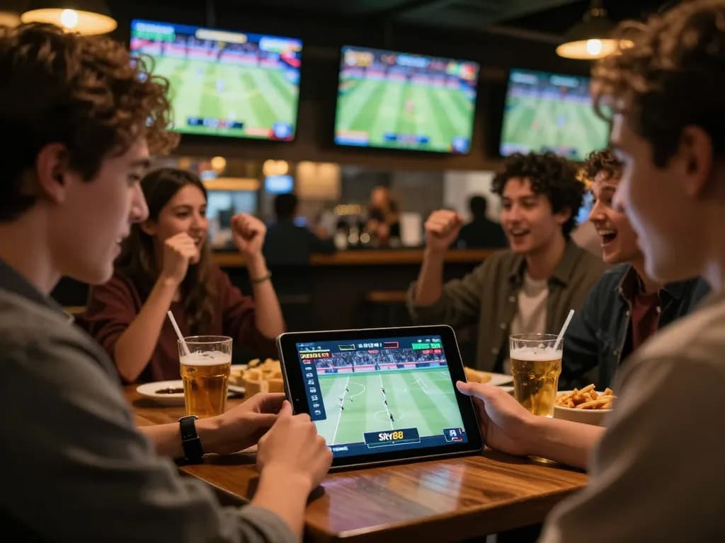 Sky88 sports betting excitement with friends during live match at a sports bar