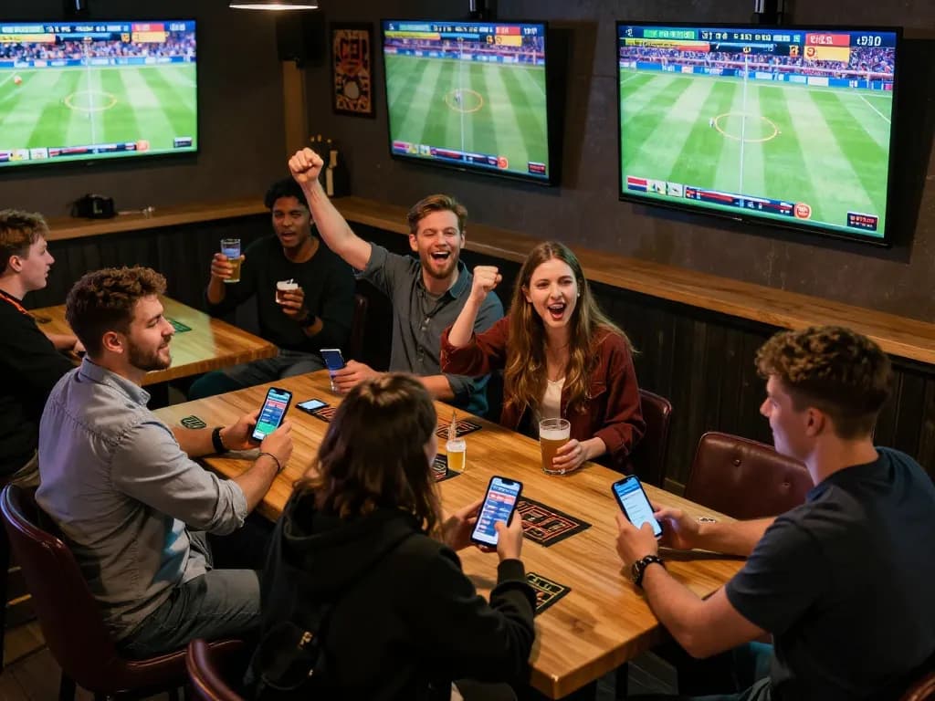 NHÀ CÁI DA88 offers an engaging sports betting atmosphere with fans celebrating and making bets at a lively sports bar.