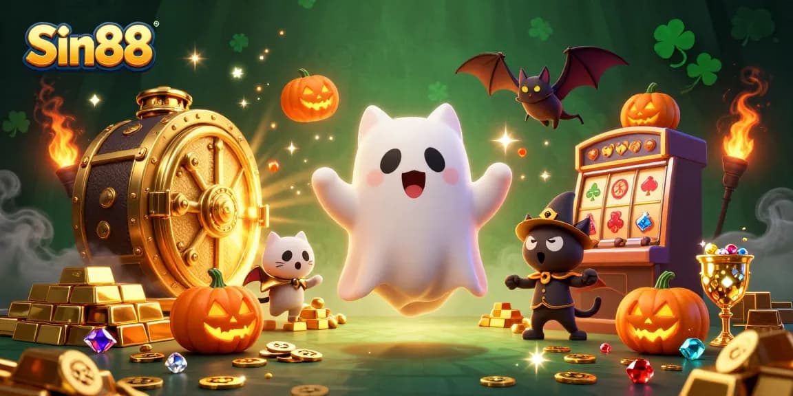 Win big at Sin88 with the ghost cat and vampire bat in a haunted casino scene loaded with treasures.