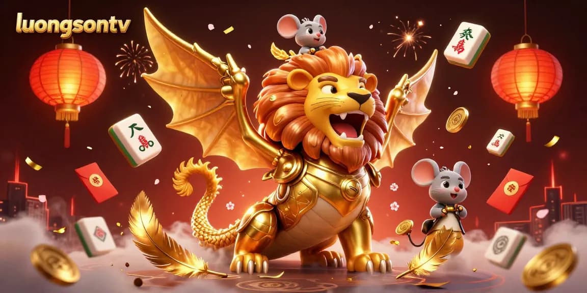 Experience thrilling action at luongsontv with a vibrant 3D chimera creature illustration showcasing gambling elements.