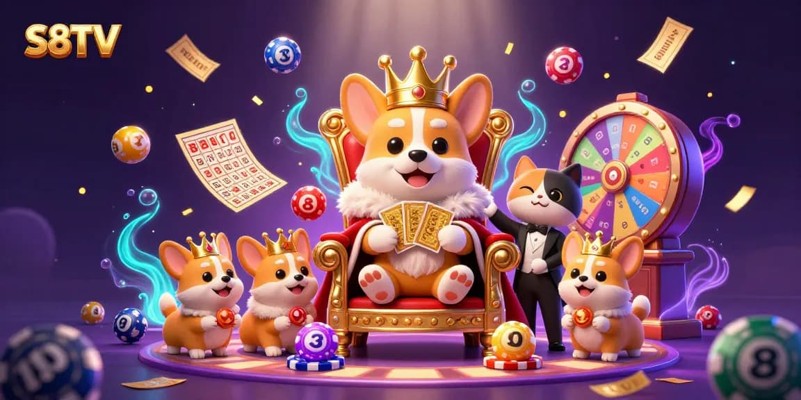 Engage with S8TV's vibrant betting experience showcased by a royal corgi amidst dynamic gaming elements.