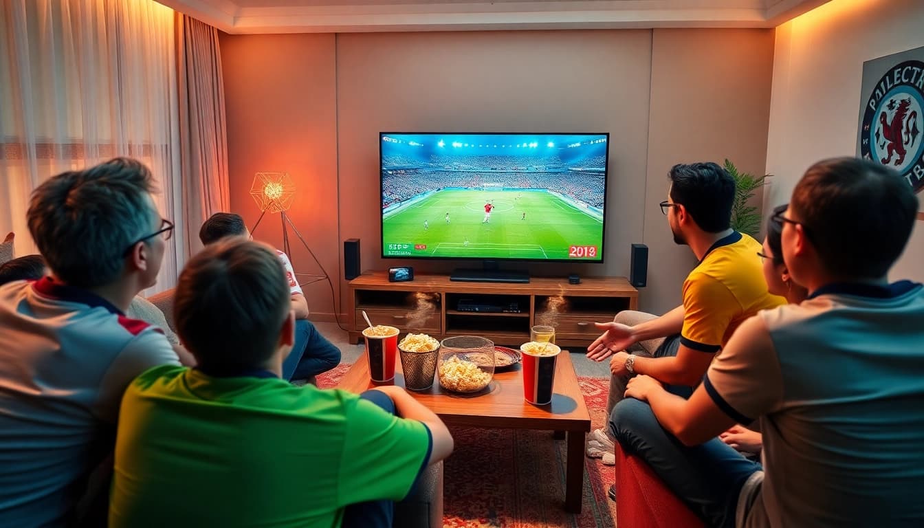 Exciting soccer fans watching a live match on Lương Sơn TV in a modern living room.