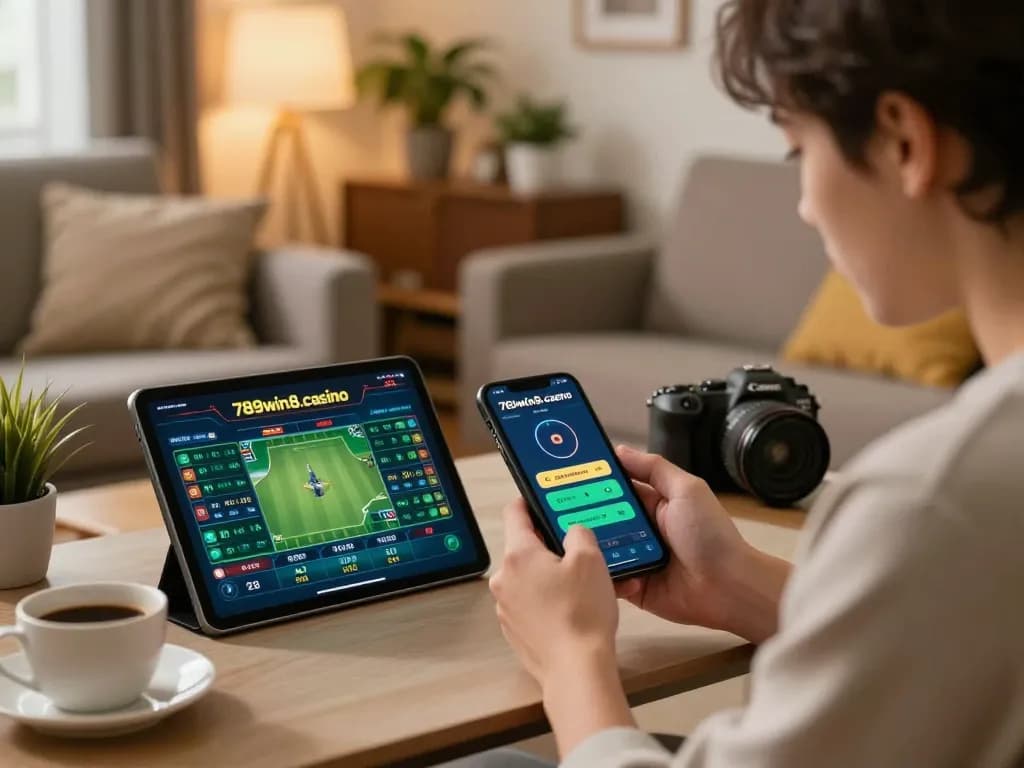 Engaging in sports betting through 789win8.casino app on smartphone in cozy home