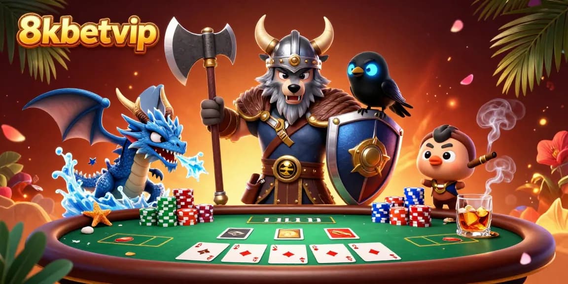 Bet and win at 8kbetvip with epic Viking and dragon sparking excitement at a rich poker table.