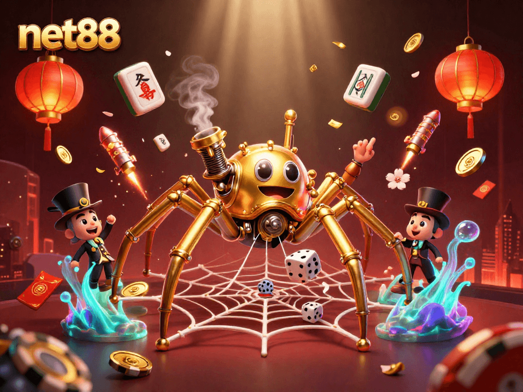 Experience the thrill of net88 with a steampunk spider webbing luck and fortune in this vibrant casino scene.