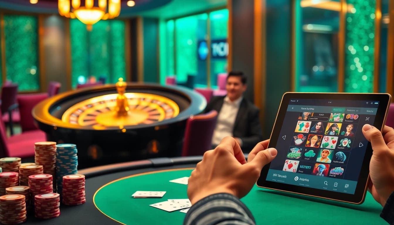 Engaging in a thrilling game at a luxurious casino featuring https://sky88sa.com/ with vibrant poker chips and a roulette wheel.
