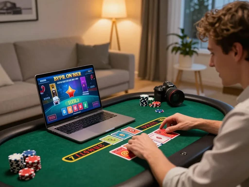 Engaging in a strategic lc88 online blackjack game at home with vibrant setup