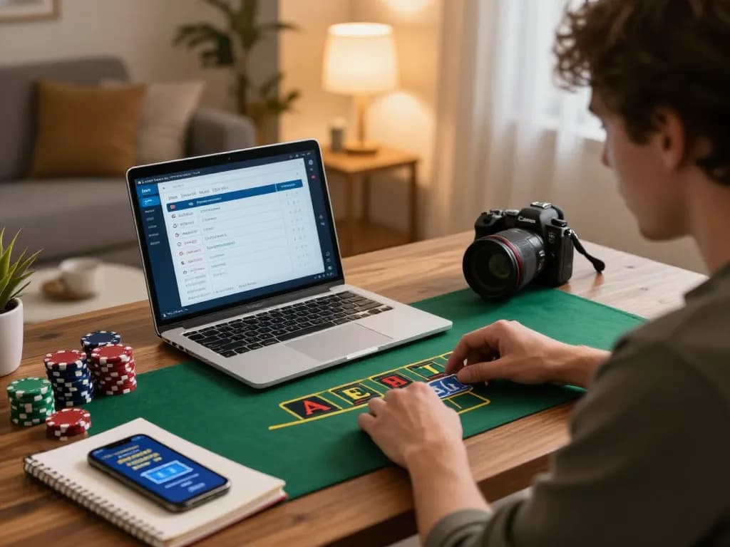 CM88 player enjoying live dealer blackjack on laptop at stylish home desk, showcasing online gaming strategy.