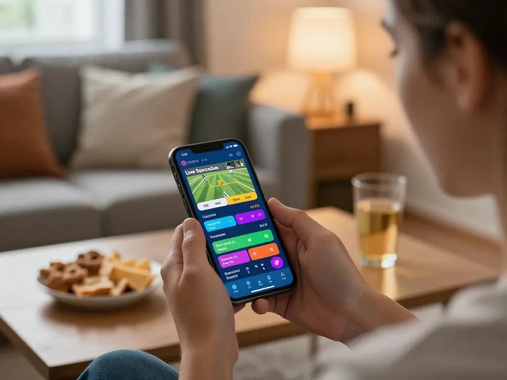 Engaging in sports betting action on a smartphone, capturing the excitement of NHÀ CÁI FABET in a cozy home setting.