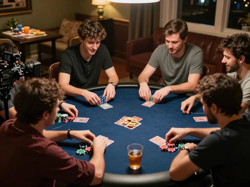 Players engaging in a thrilling poker game at home, showcasing strategic bets with Da88 chips.