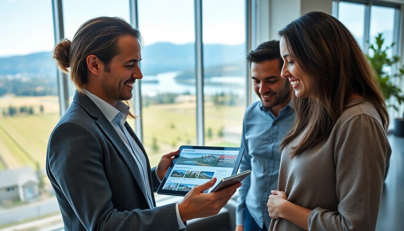 Kelowna real estate agent interacting with clients in a modern office, highlighting trust and professionalism.