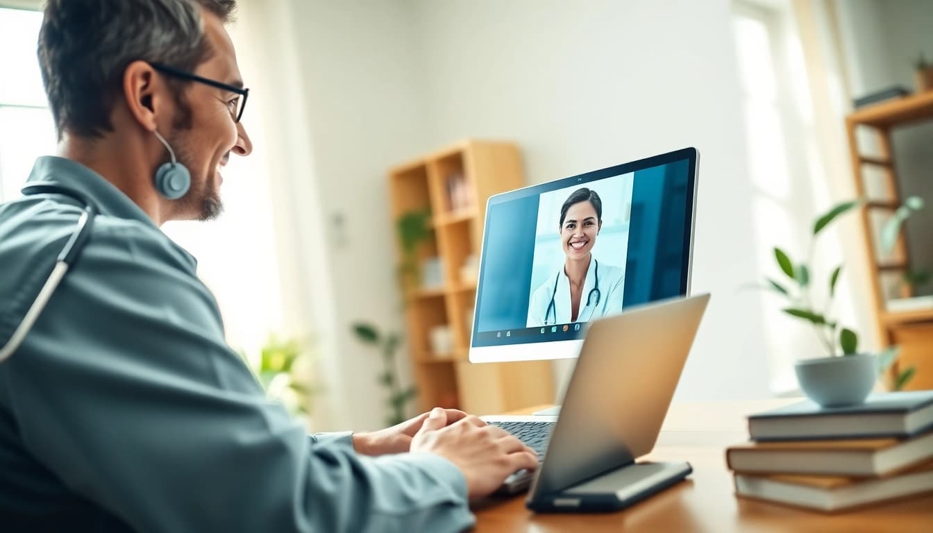 Engaging fast telehealth consultation online with a doctor and patient via laptop in a cozy office.