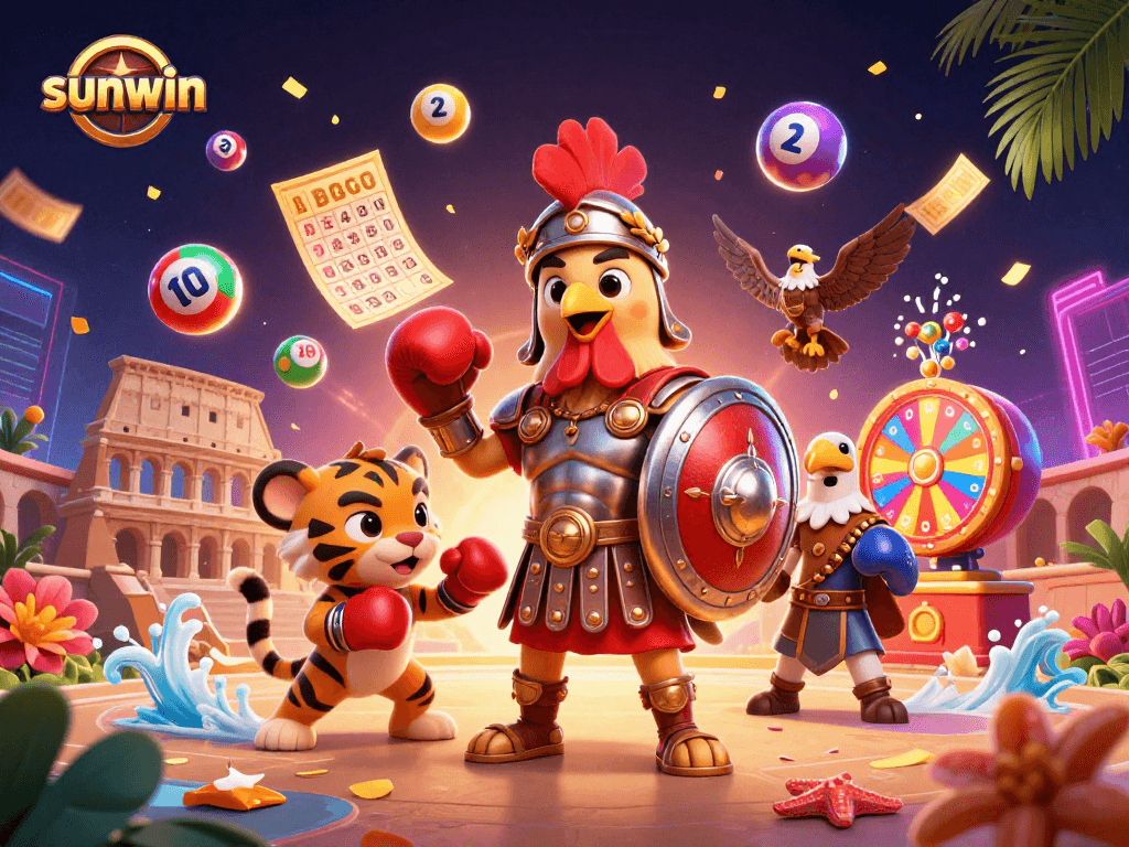 Engage with sunwin's vibrant lottery scene featuring a gladiator rooster and dynamic prize elements.