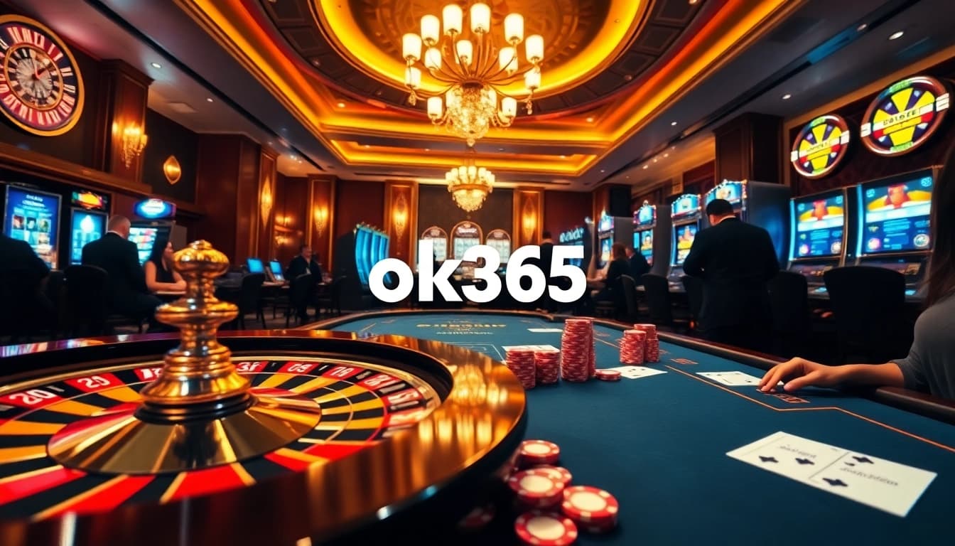 Engaging scene of gamblers at a vibrant casino with ok365 themed poker tables, roulette wheels, and slot machines.