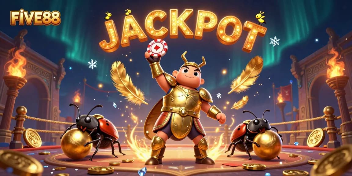 Experience the excitement of FIVE88 with a victorious gladiator beetle at a lively casino.