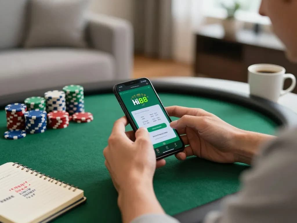Player contemplating their strategy in hi88 online poker game while using casino app on smartphone.