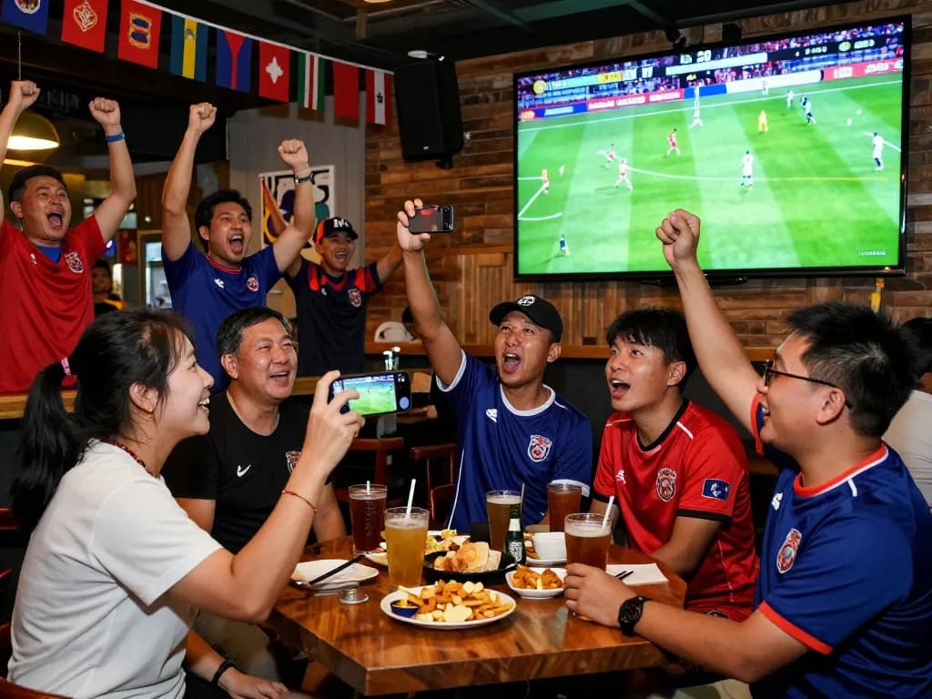 Lương Sơn TV viewers cheering at a sports bar during a live soccer match, showcasing excitement and community.
