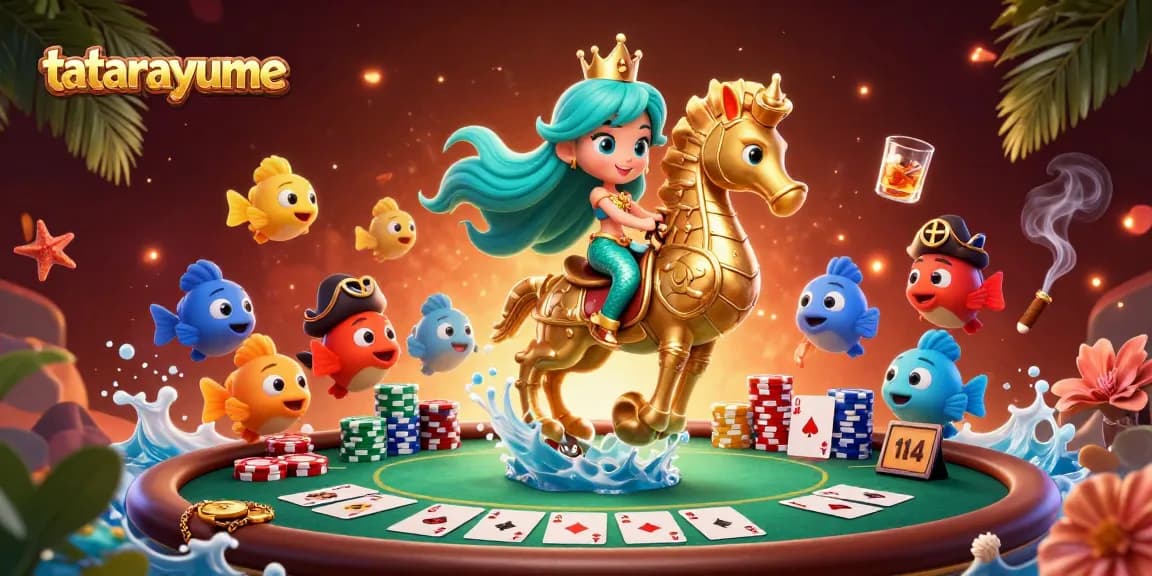 Engage with exciting gameplay at tatarayume, featuring a colorful underwater casino scene with vibrant characters and poker elements.