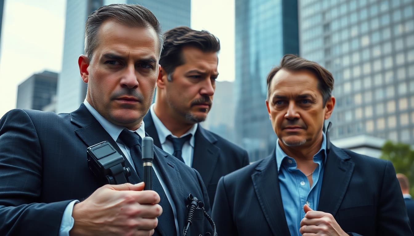 Secure HKSSC Bodyguard Service providing protection in a bustling cityscape with a vigilant bodyguard.