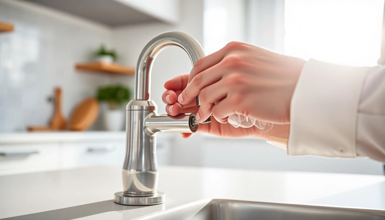 Plumber performing faucet repair in Toronto's modern kitchen, emphasizing skill and precision.
