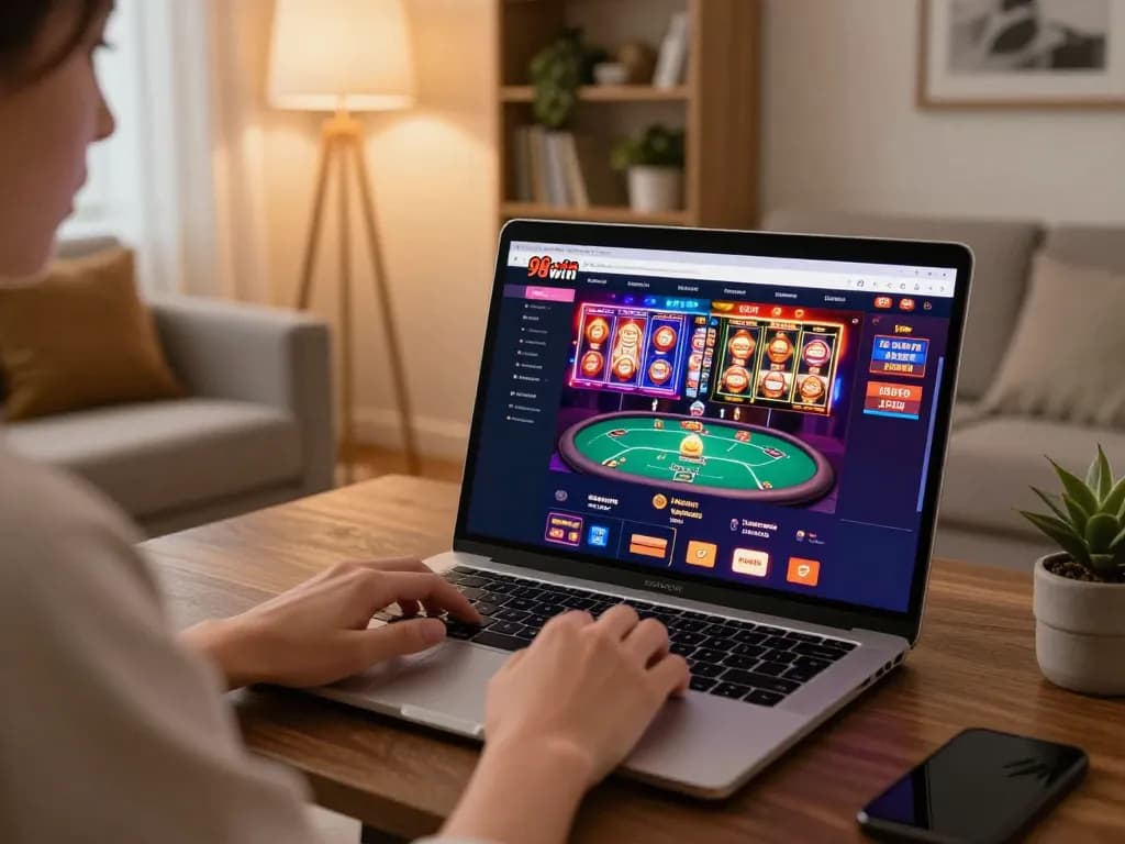 Engaging with 98win on laptop during online gaming session in a cozy living room