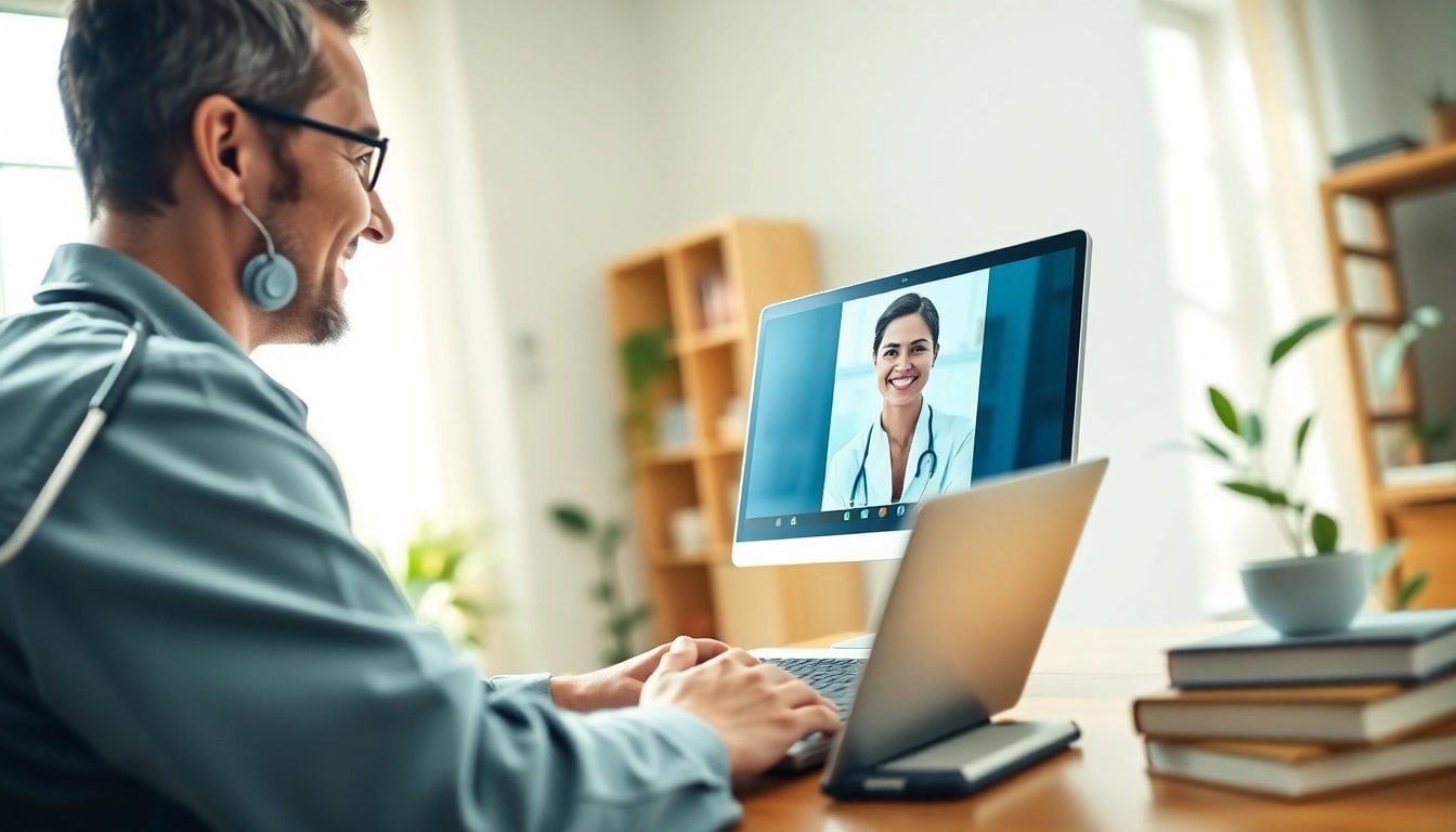 Engaging fast telehealth consultation online with a doctor and patient via laptop in a cozy office.