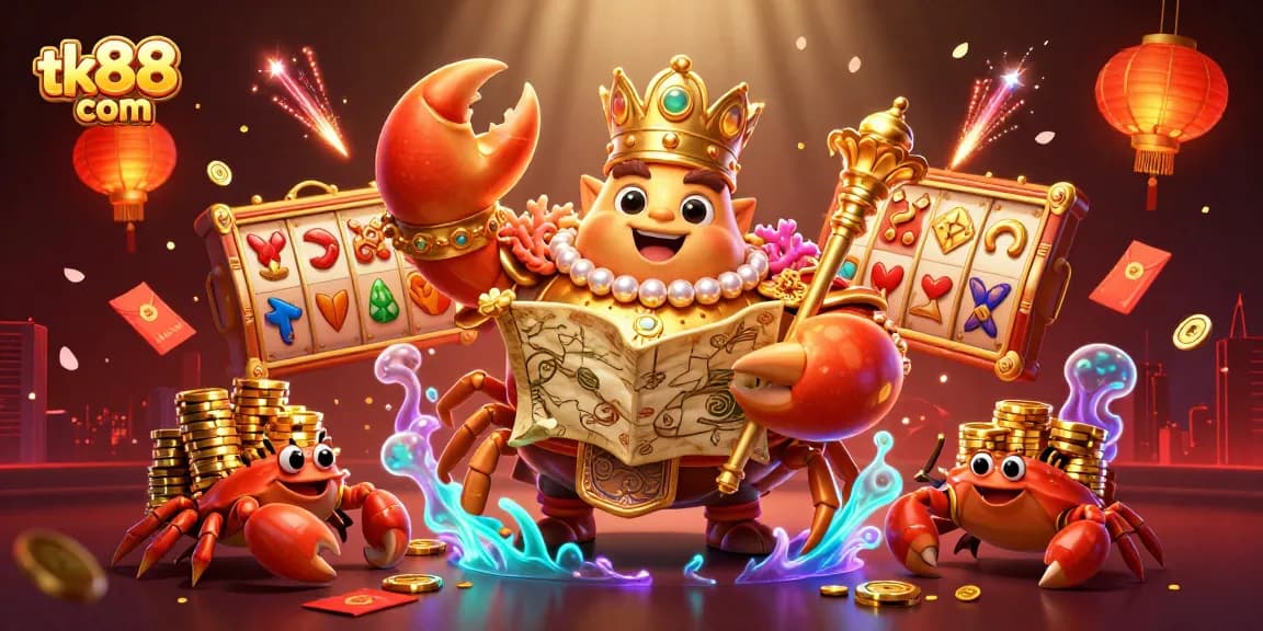 Engage with tk88 com for thrilling slot games featuring a golden crab emperor and vibrant casino elements.