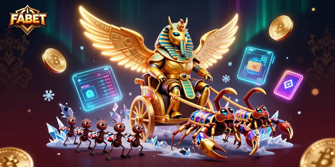 FABET engages players with a dynamic scene of a colossal scarab, scorpions, and crypto coins.