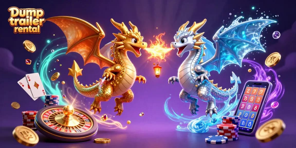 Engaging scene of a Dump trailer rental with twin dragons, golden coins, and rolling roulette wheels in action.