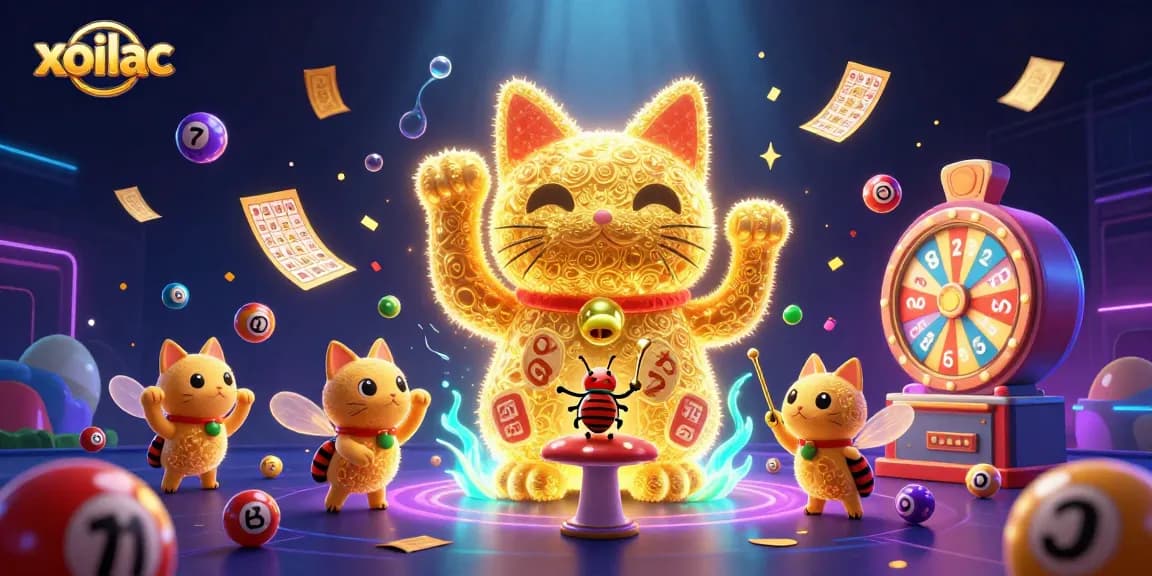 Xoilac offers an exciting casino experience with a giant lucky cat and vibrant game symbols in a dynamic 3D scene.