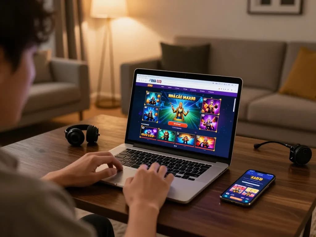 Engaging in NHÀ CÁI MAX88 online gaming with a laptop, warm home atmosphere