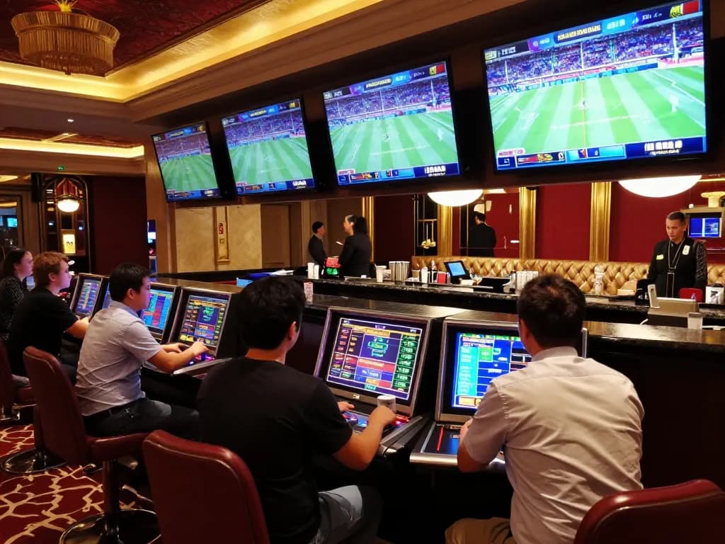 Cá cược Sky88 in action as players analyze odds in a vibrant sports betting area.