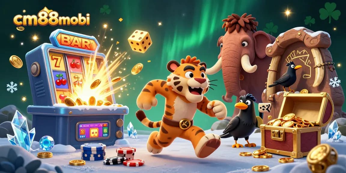 Experience the excitement with cm88mobi in this dynamic casino scene filled with jackpots, vibrant characters, and game elements.