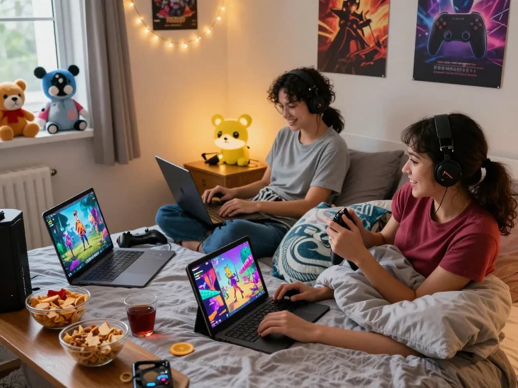 Couples enjoying adult games in cozy bedroom with vibrant graphics on devices