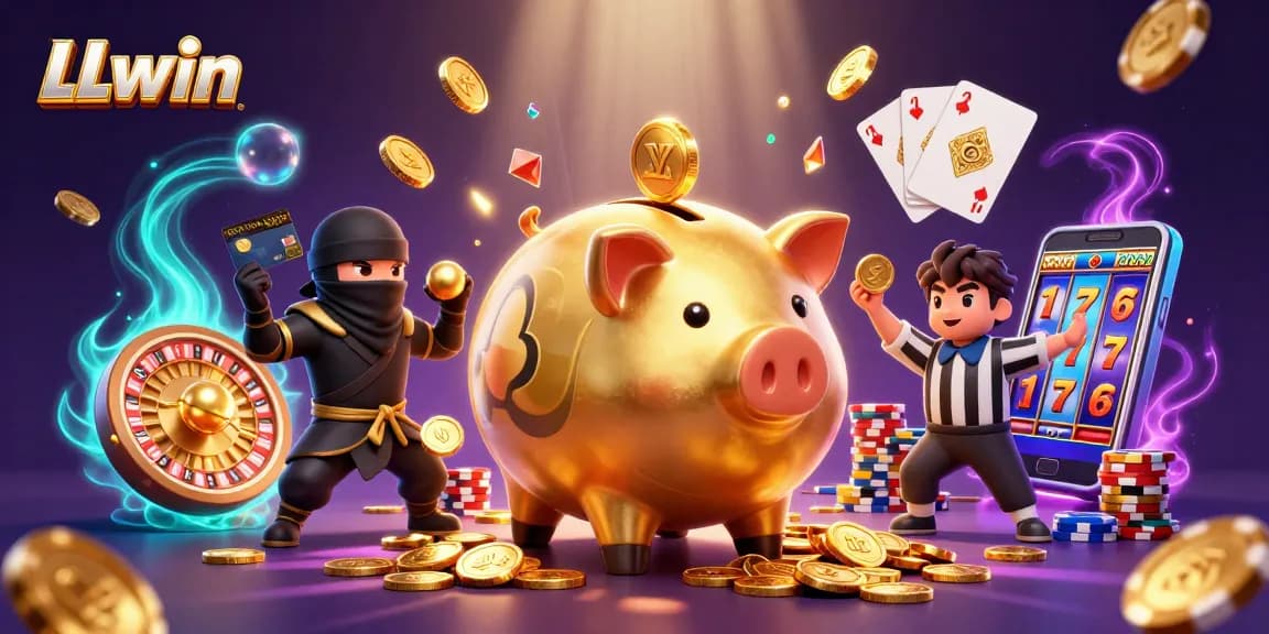 Experience gaming excitement with LLwin's dynamic casino scene featuring golden coins and vibrant characters.