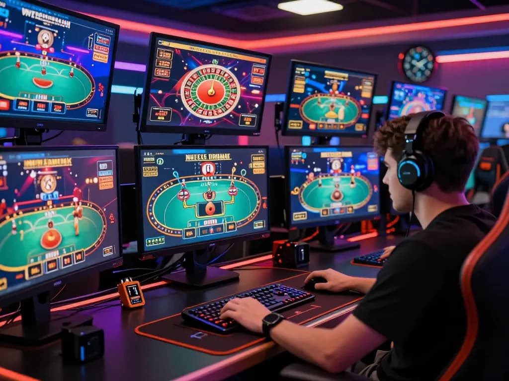 Engaged player strategizing high-stakes poker on BL555 gaming setup, showcasing immersive online casino atmosphere.