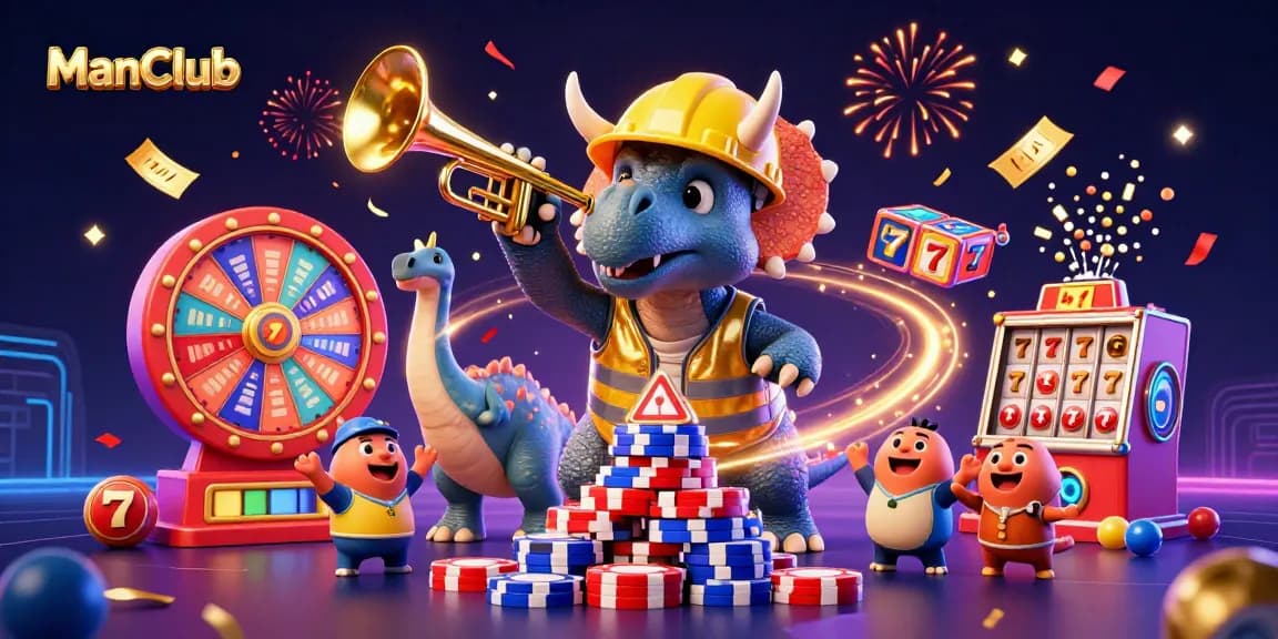 Join the excitement at ManClub as a triceratops builds a poker chip pyramid amid colorful casino games.