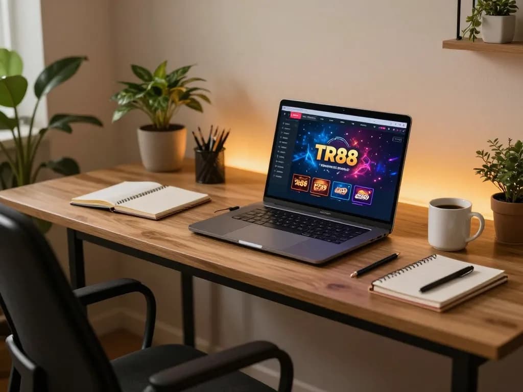 Player enjoying TR88 online gaming experience on laptop in stylish home setup