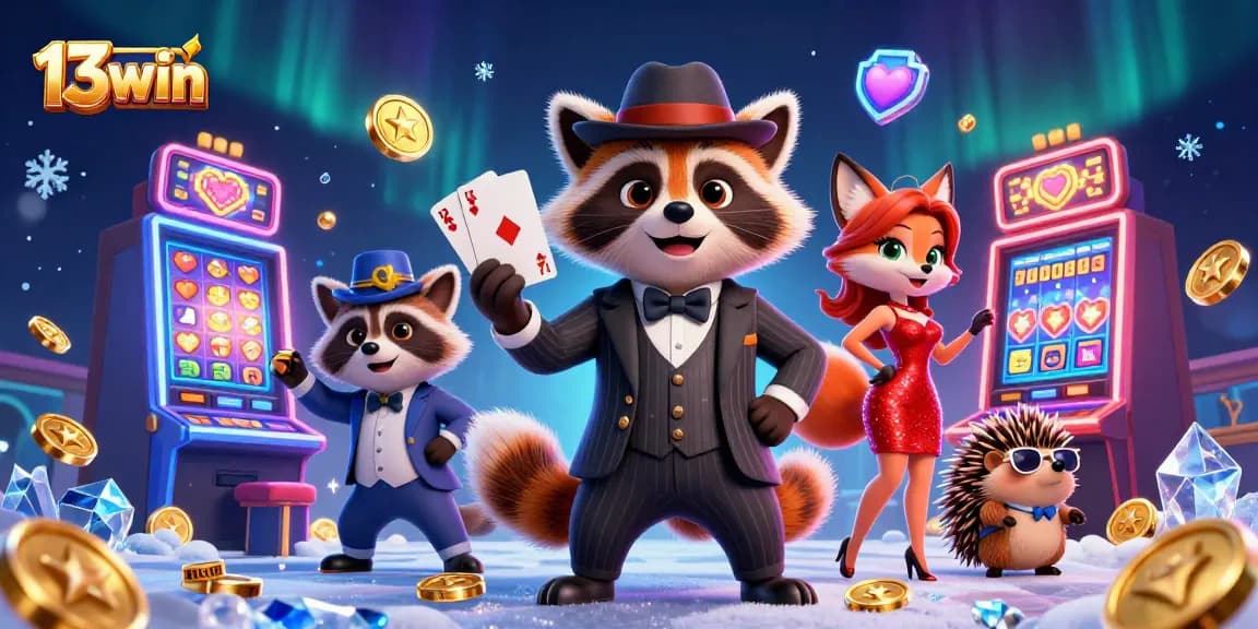 Experience exciting slots at 13win with a charming raccoon and fox characters amidst colorful casino elements.