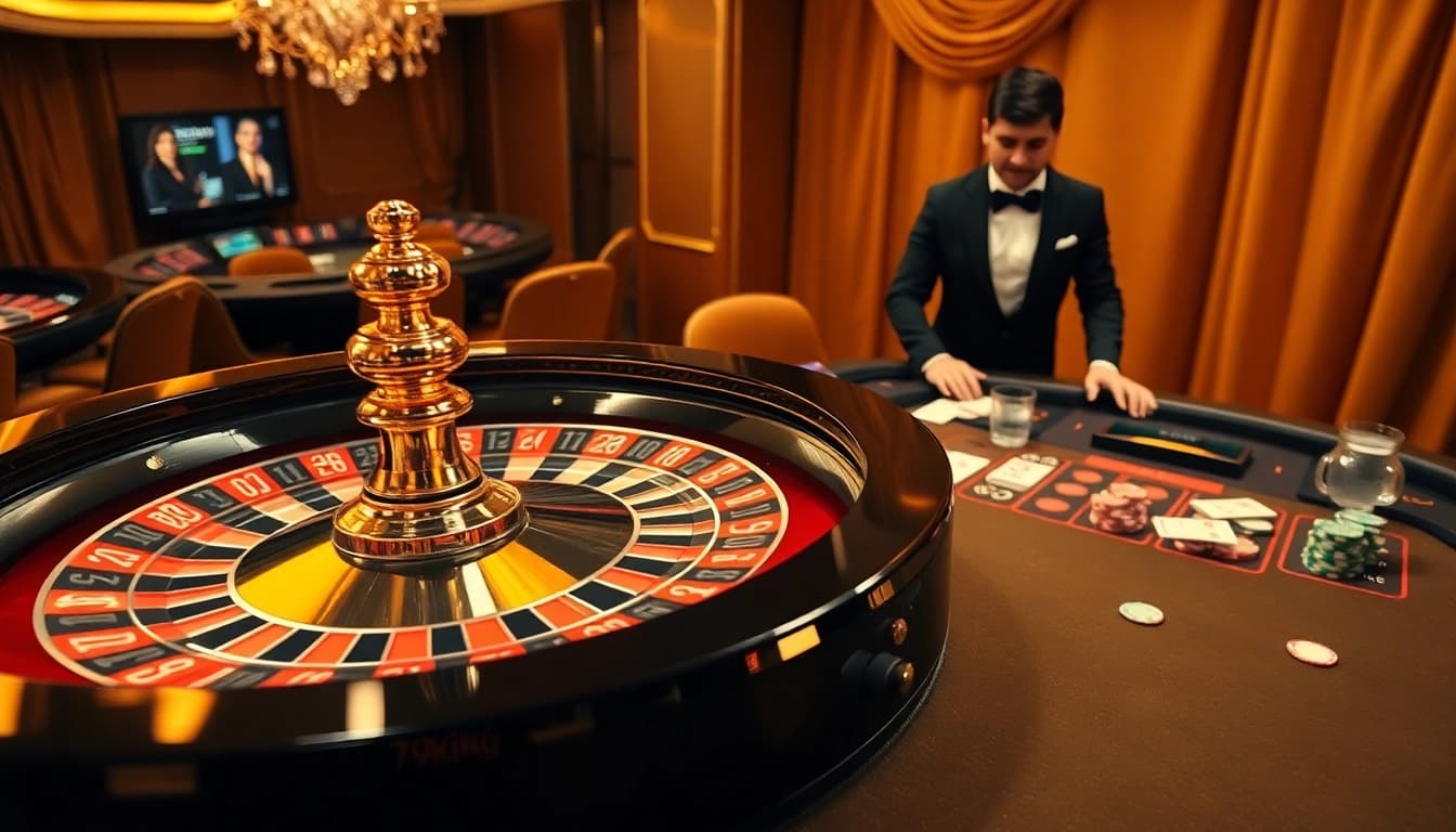 Exciting gambling scene at 79king casino featuring a spinning roulette wheel and vibrant poker chips.